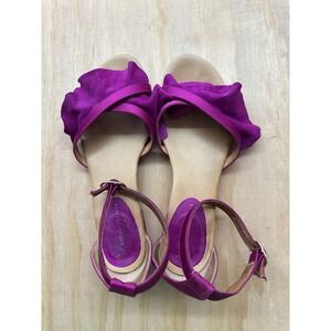 Anthropologie Magenta Purple Satin Ruffle Flat Sandals Made in Spain 38